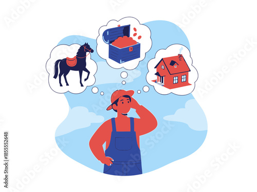 Woman with blue overalls thinking about a horse, a house, and a barn