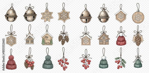 Set of Hand-Drawn Christmas Ornaments with Bells, Stars, Houses, Berries, and Pinecones.