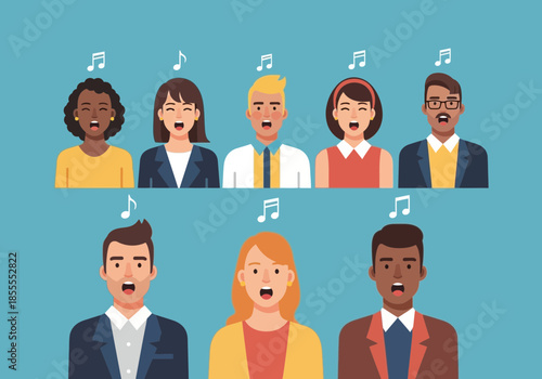 Diverse group of people singing together with musical notes.