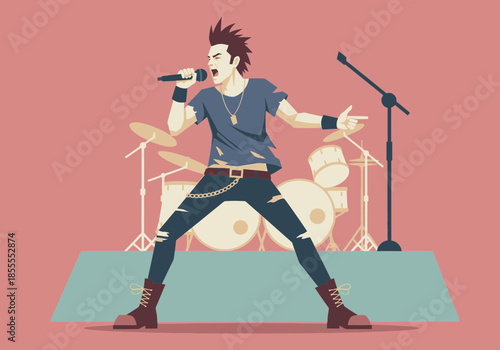 Male singer with mohawk performs on stage with drums.