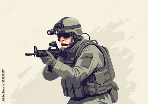 Soldier in tactical gear aiming a rifle with night vision goggles.