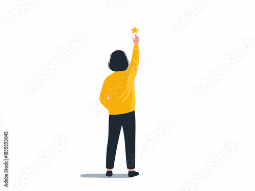 Person in yellow jacket raising hand with star