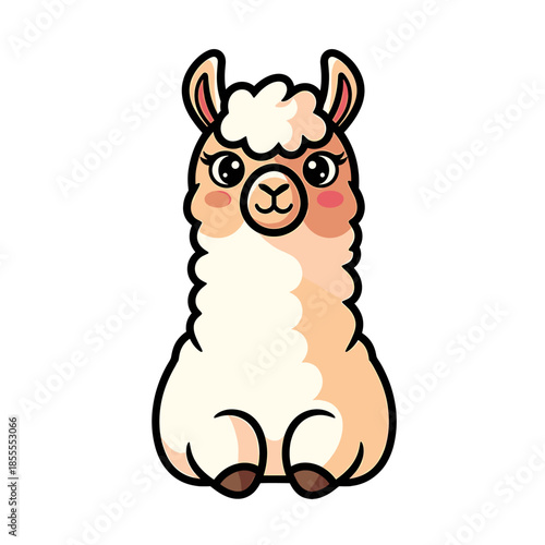 Cute cartoon llama with white and brown fur sitting on a plain white background with big eyes and rosy cheeks.