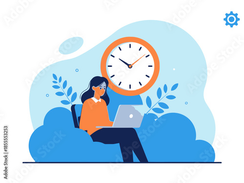 Woman sitting on cloud using laptop with clock in background