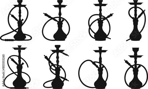 Assortment of Hookah Silhouettes in Different Styles on White Background Keywords: hookah, shisha, water pipe, smoking, tobacco
