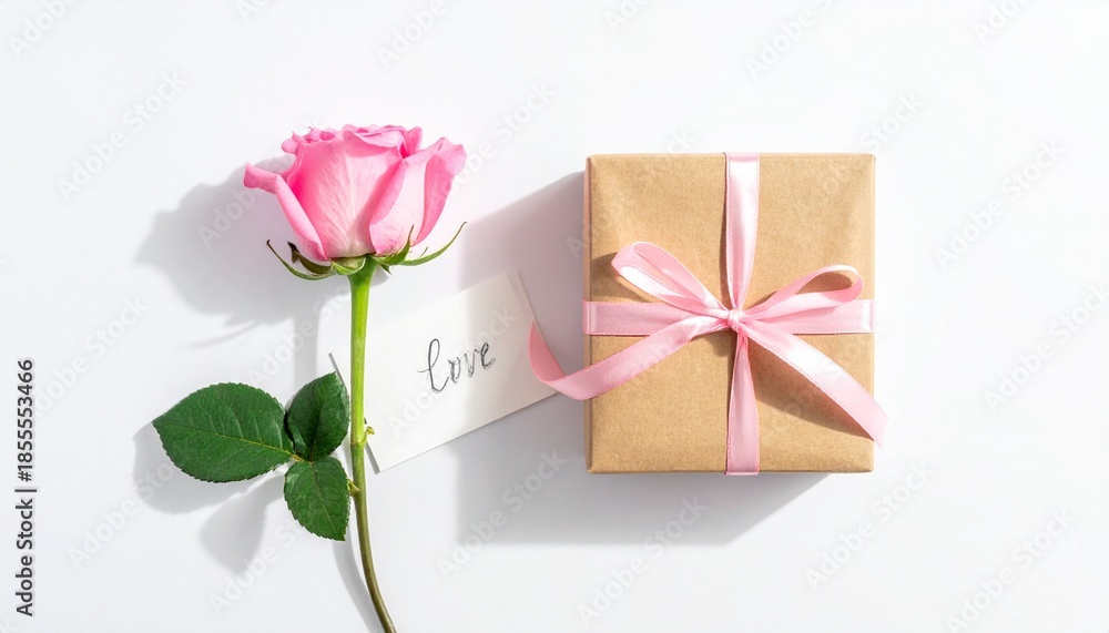 Fototapeta premium Pink rose with gift box and love tag on white background