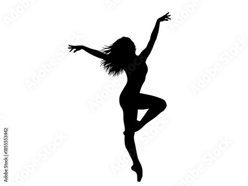Silhouette of a woman dancing with arms raised and legs bent