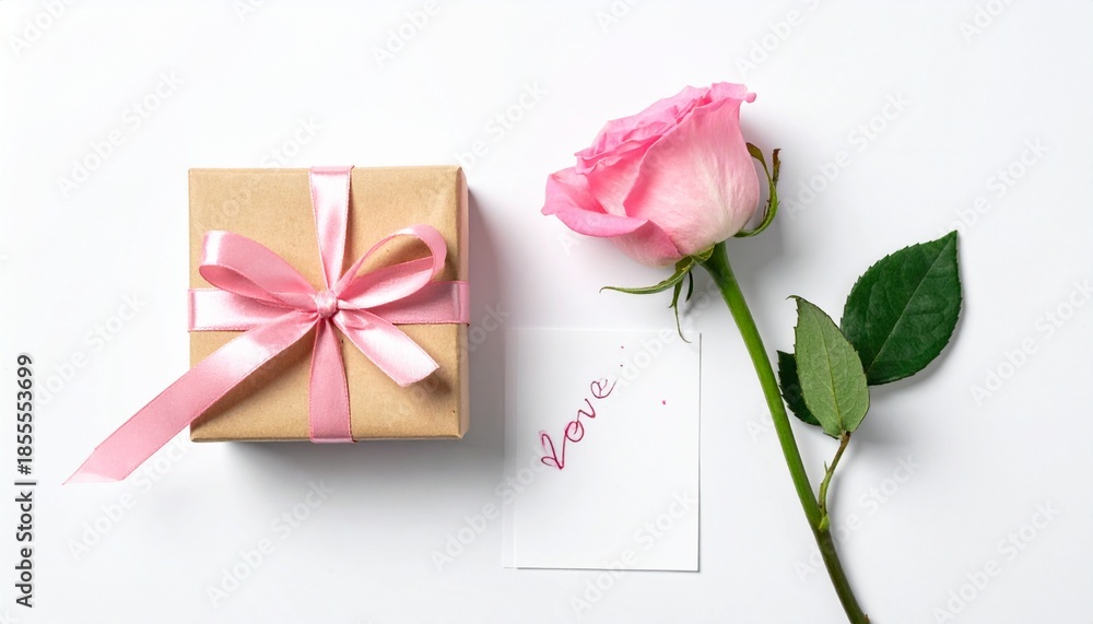 Fototapeta premium Pink rose, gift box with ribbon, and 'love' note on white background