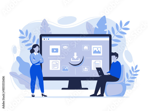 Two people working on a computer with a large screen displaying various software icons