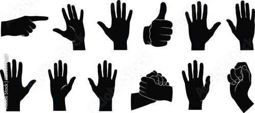 Collection of Black Silhouette Hand Gestures and Poses on White Background finger pointing