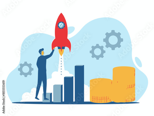 Businessman launching a rocket with a bar chart and gold coins on a blue background