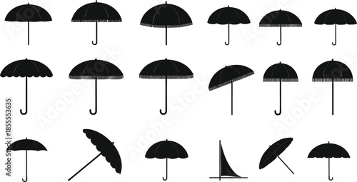 Collection of black silhouette umbrellas in various styles and open positions Keywords: umbrella, silhouette, rain, protection
