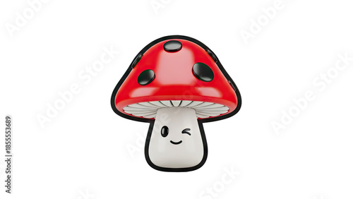 3D Cute cartoon mushroom character with a happy face and wink on transparent background