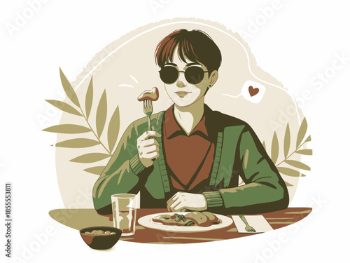 Young woman wearing sunglasses and a green sweater eating food at a table with a drink