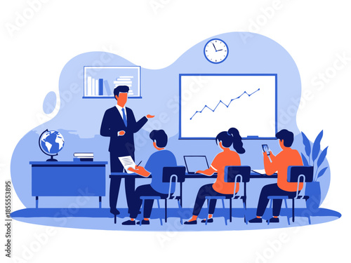 Businessman presenting a graph to a group of students in a classroom setting