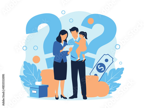 Two business people discussing financial documents with question marks and money bag