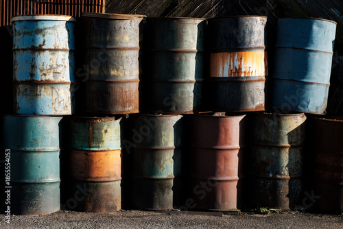 積み並べられたドラム缶が錆びている