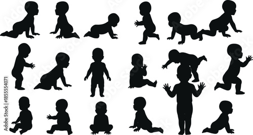 Multiple Black Silhouette Baby Figures in Various Poses on White Background child infant