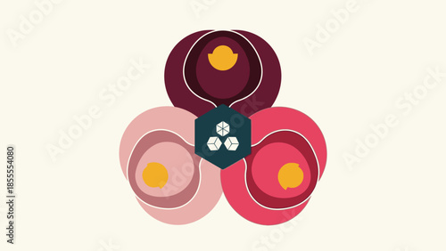 Abstract geometric illustration with three elements and a central hexagon