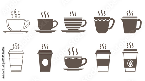 Set of ten steaming hot beverage and coffee cup icons