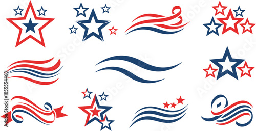 Collection of Patriotic Stars and Flowing Stripes Vector Elements