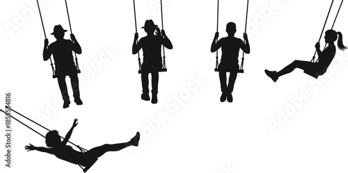 Silhouettes of people swinging on swings in various poses on a white background child children
