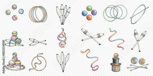Set of circus juggling props including clubs, balls, hoops, ribbons, and diabolos for entertainment shows.