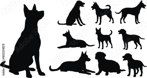 Silhouettes of various dog breeds in different sitting and standing poses Keywords: dog, silhouette, breed, canine, pet, animal