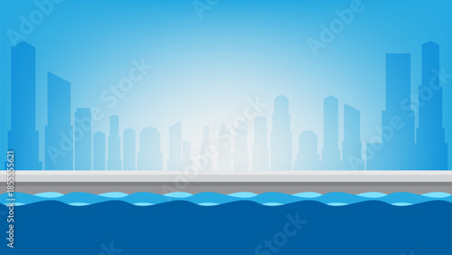 Sustainable City Waterfront and Clean Water Environment Illustration, Modern city skyline with river waterfront, symbolizing clean water, urban environment, sustainability, ecology, eco-friendly city