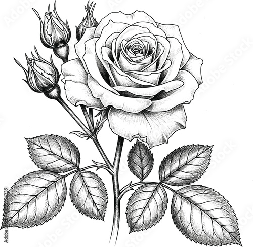 Detailed hand drawn rose flower vintage engraving style vector illustration with buds and leaves for classic floral design