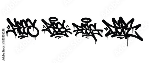Black graffiti tag lettering with dripping spray paint on white background