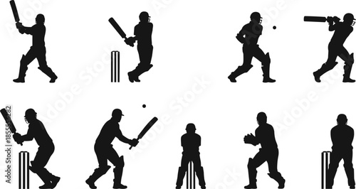 Silhouette Collection of Cricket Players in Action with Bat and Wicket on White Background Keywords: cricket, player, silhouette