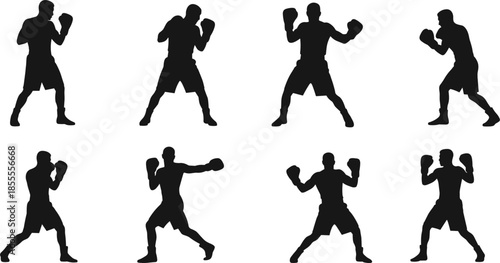 Silhouettes of boxers in various fighting stances and actions boxing fighter
