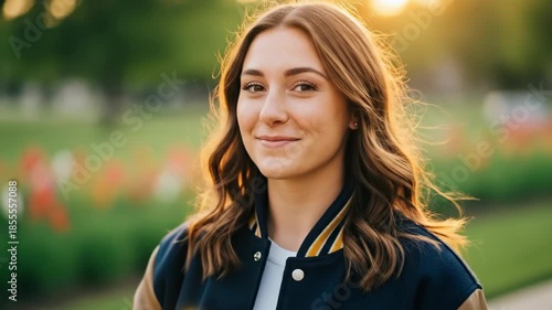 smiling caucasian teenage girl holding softball over her eye. young athlete wearing varsity jacket outdoors at sunset. sports team spirit. high school senior portrait.