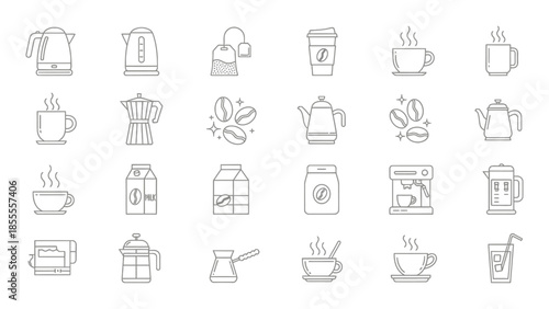 Minimal coffee and tea icon set with beverages and preparation tools