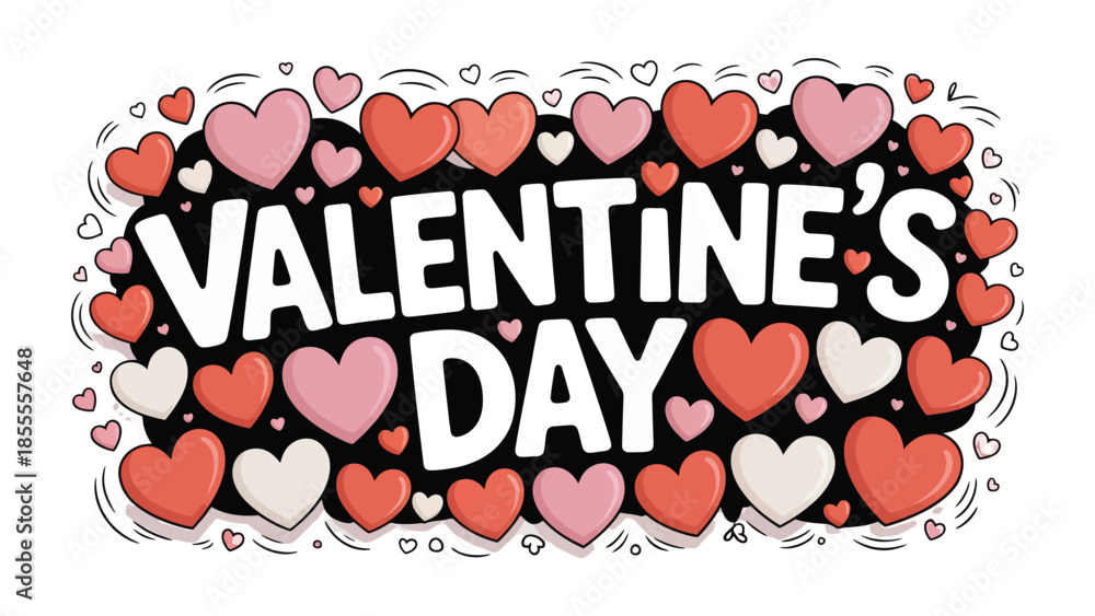 Αυτοκόλλητο Valentine's Day Hearts: A vibrant illustration features VALENTINE'S DAY emblazoned amidst a cascade of hearts, a romantic celebration perfect for conveying heartfelt wishes