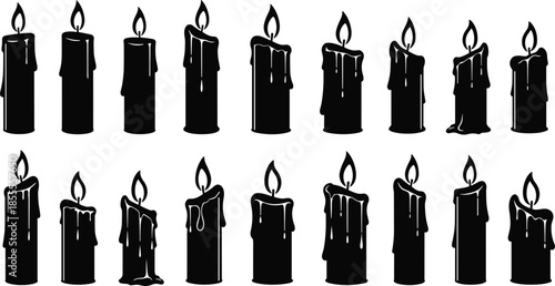 Two Rows Of Black Silhouette Candles With Dripping Wax And Flames white background