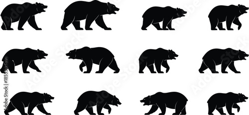 Twelve Black Silhouette Walking Bears on White Background animal wildlife