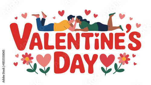 Valentine's Day Couple in Love: A sweet illustration of two lovers celebrating Valentine's Day, embraced by hearts and floral elements, embodying the spirit of love and affection.