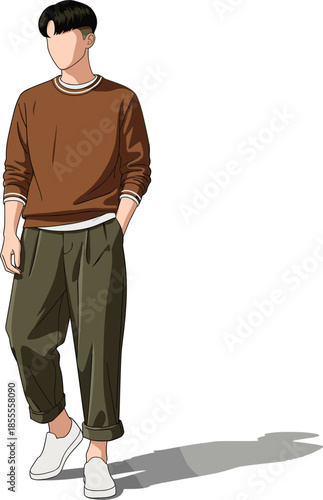 Modern minimalist vector illustration of a stylish faceless young man wearing a brown sweater and green trousers walking confidently.