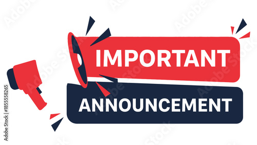 Megaphone alert graphic in red and blue announcement style