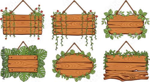 Collection of hanging wooden sign vectors featuring various rustic board shapes decorated with green tropical leaves and red flowers set isolated on white.