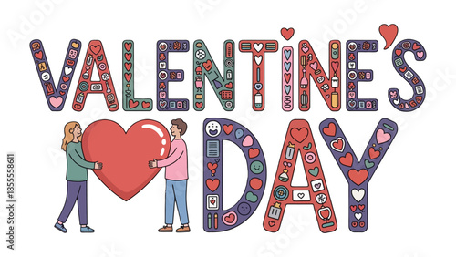 Valentine's Day Illustration: a couple holds a heart shape and celebrate Valentine's Day. 