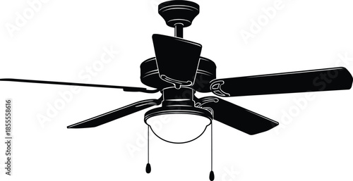Modern minimalist black ceiling fan featuring four sleek blades and an integrated light fixture with pull chains isolated vector illustration for home interior cooling and decor.