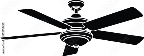 Modern minimalist black ceiling fan with five sleek blades and a central motor housing isolated vector illustration for home interior cooling systems and ventilation design concepts.