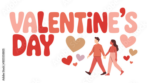 Valentine's Day Couple in Love: A couple strolling hand-in-hand in a vibrant and romantic celebration of love, against a backdrop of hearts, embodying the spirit of Valentine's Day. 