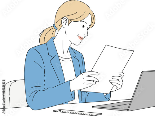 Professional female customer support agent wearing headset working on laptop and gesturing during online call vector illustration.