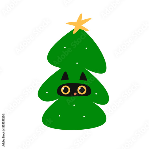 Minimalist Christmas Tree with a Black Cat Peeking Out and a Yellow Star on Top Abstract Flat Design Vector Illustration on White Background.