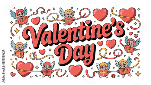 Valentine's Day Illustration: A charming, romantic illustration captures the essence of love and celebration with its heart-filled imagery and Cupid figures. 