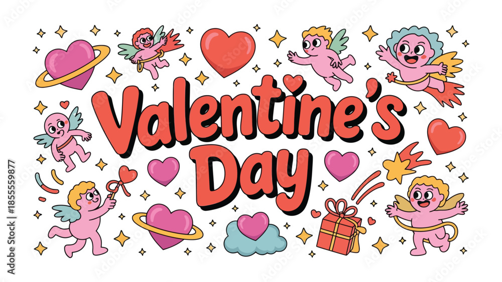 Αυτοκόλλητο Valentine's Day Greeting: Festive illustration with heart, Cupid and gift box, ideal for conveying heartfelt messages on this romantic holiday